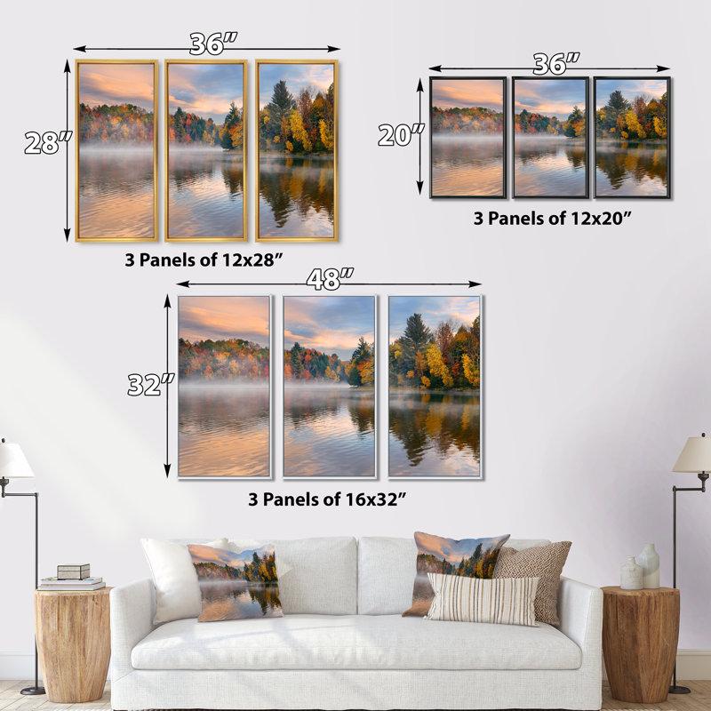 Feuillage d'automne au bord du lac - Ensemble de 3 reproductions sur toile flottantes, Noir, H 28 po x l 36 po
