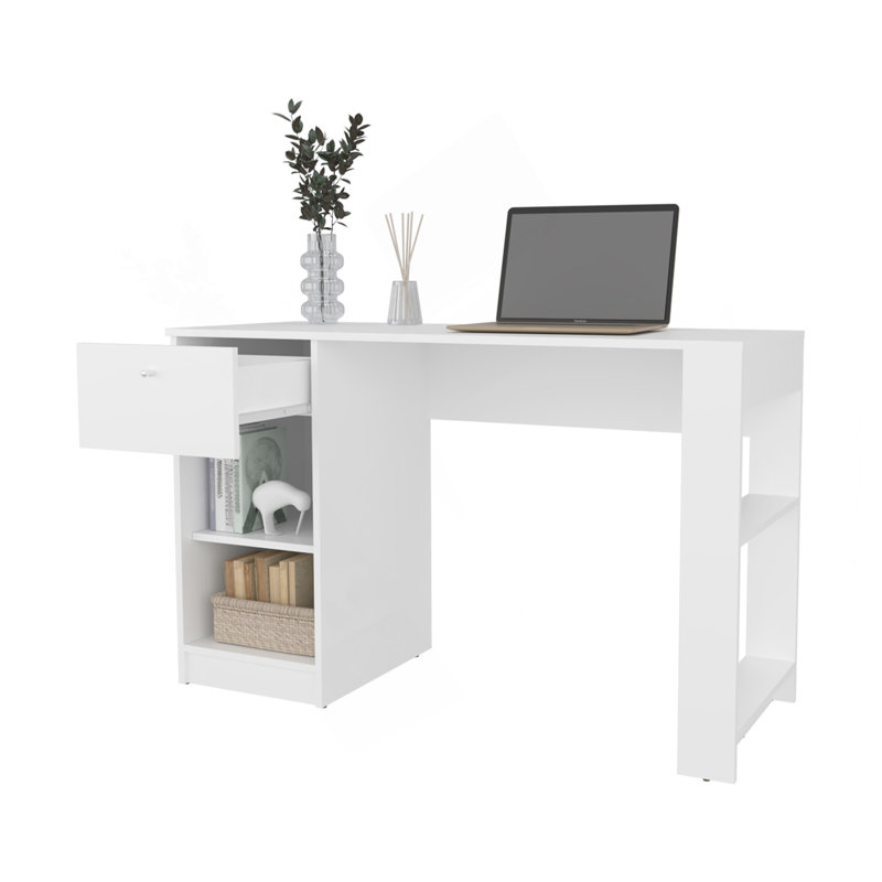 Bureau d'ordinateur Sun City avec tiroir et rangement ouvert, blanc, White