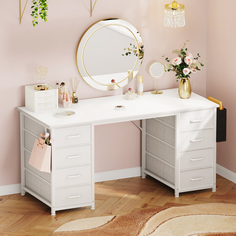 Home Office Desk With 8 Spacious Fabric Drawers, Modern Writing Desk With Sturdy Design, Corner Desk With Reversible Structure