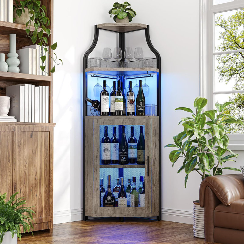 Bar d'angle avec éclairage à DEL, porte-bouteilles et porte-verres, rangement à 5 niveaux, gris, 154 32 47, Gris