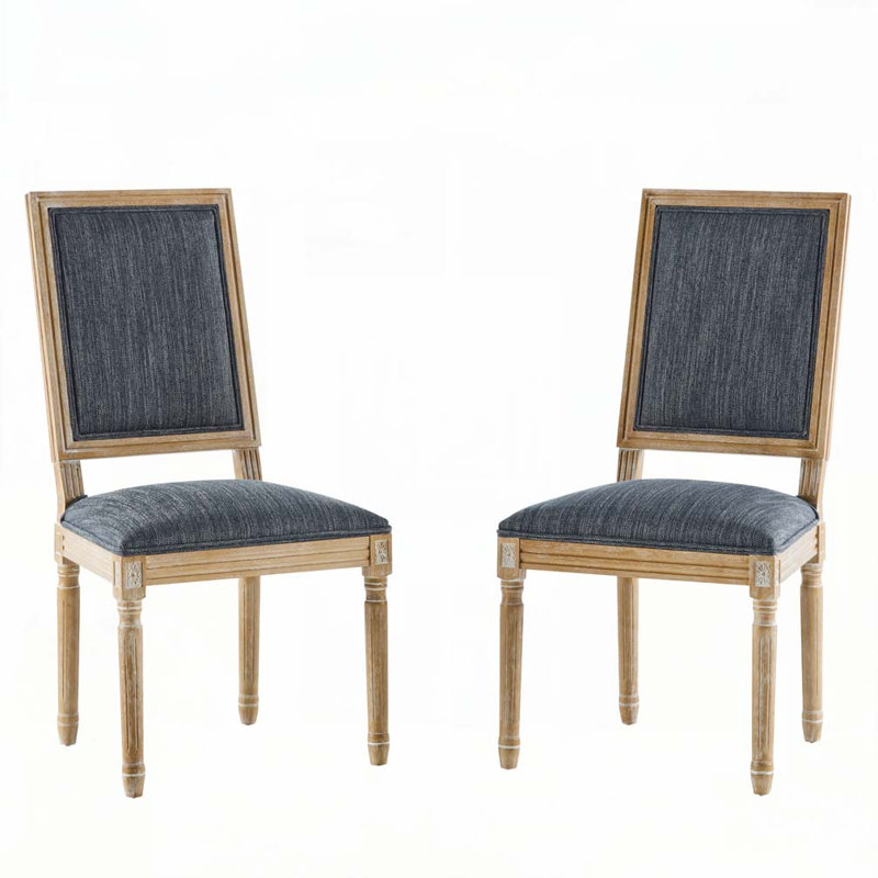 Solid Rubberwood Frame Upholstered Dining Chairs, Slate Blue, Natural