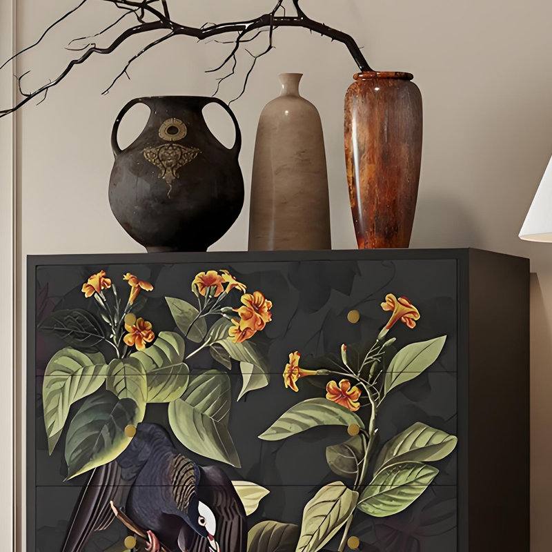 Armoire de rangement murale à 5 tiroirs Vintage Floral Bird, Noir