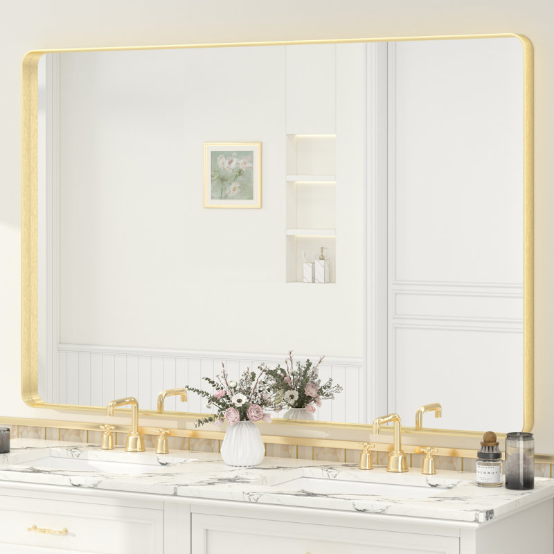Molly Tempered Glass and Metal Framed French Cleat Mounted Wall Bathroom / Vanity Mirror, 60" x 40", Gold