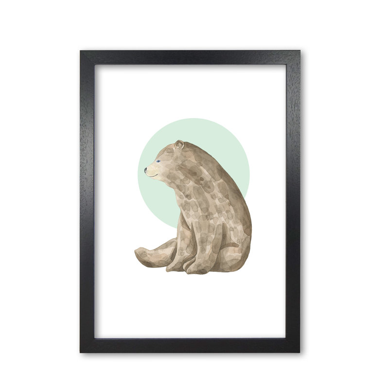 Watercolour Bear With Green Circle - Painting, Black Grain Frame, 60 cm H x 42 cm W x 5 cm D