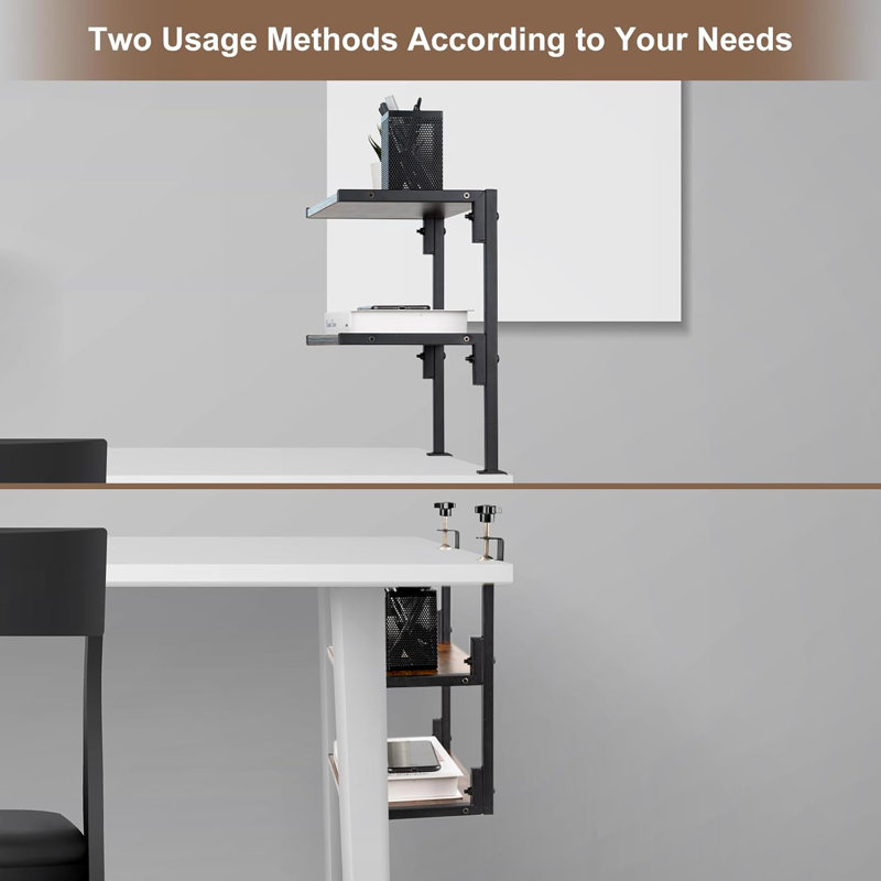 Clamp On Desk Organizer Shelf, 12 Inch Clamp-On Above Or Under Desktop Storage Shelf,2 Tier Clip On Shelving Unit For Table Accessories (Brown)