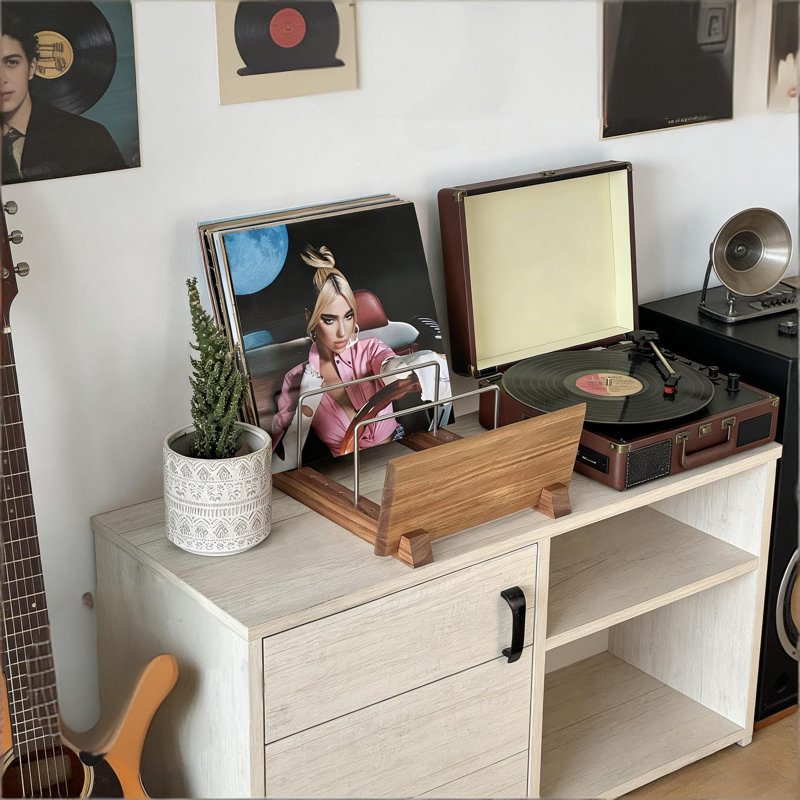 Solid Acacia Wood Vinyl Record Storage Holder For 50-70 Albums, Metal Frame