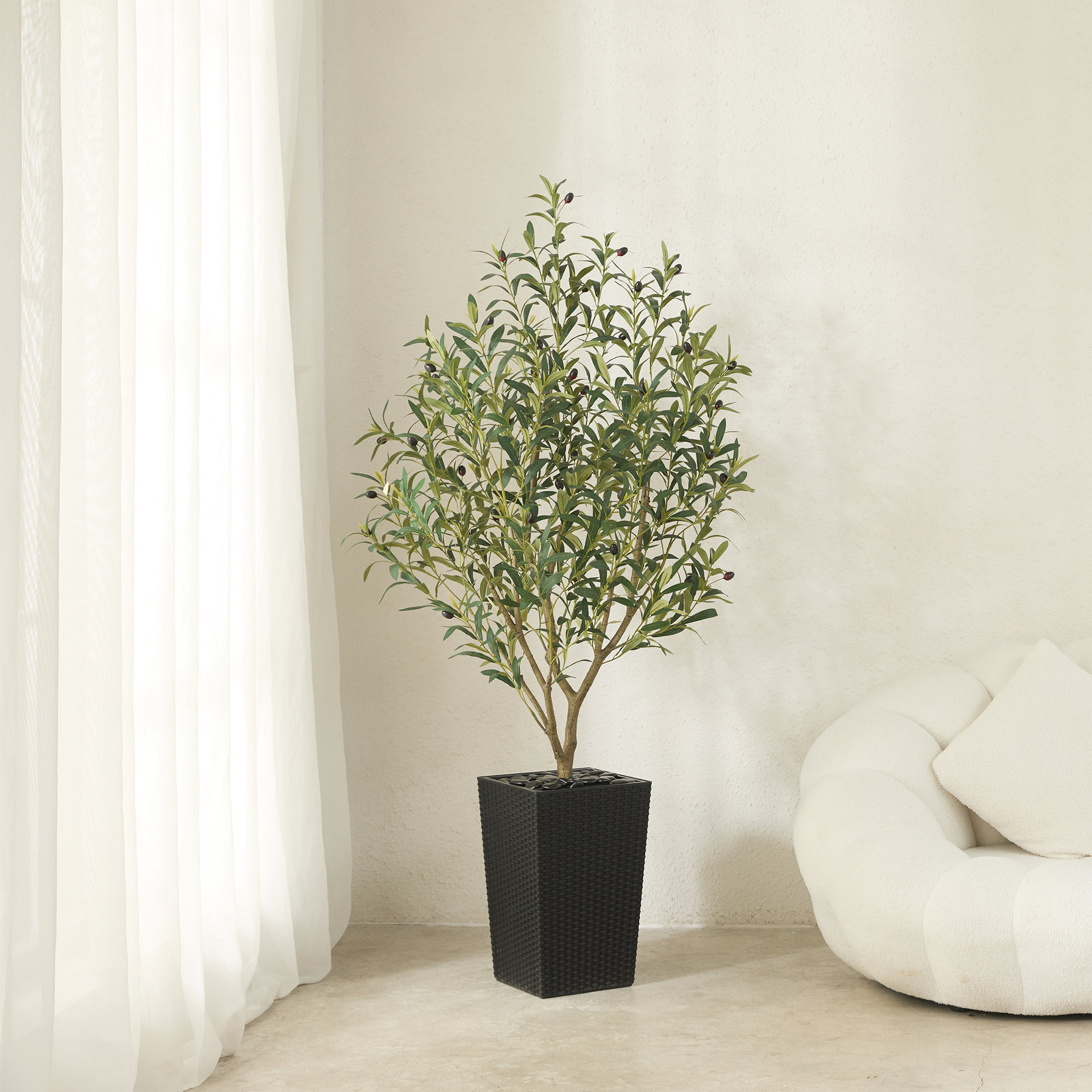 Adcock Artificial Olive Tree for Indoor & Outdoor Home Decor, Faux Olive Tree with Decorative Pot, Black