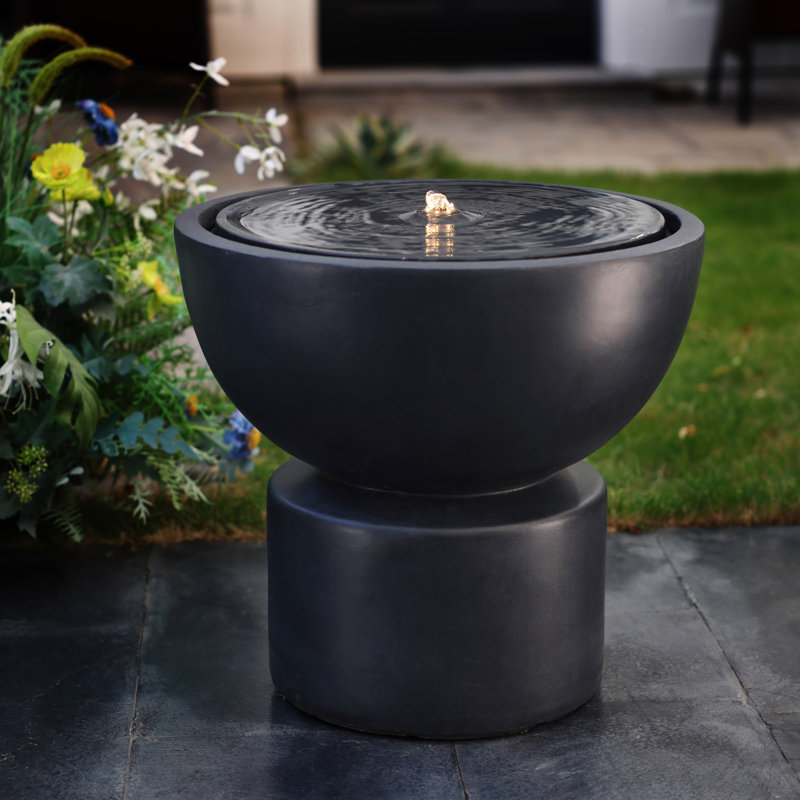 18.7'' H Modern Resin Outdoor Water Fountain with LED Lights, Round Bowl  Water Fountain with Adjustable Flow