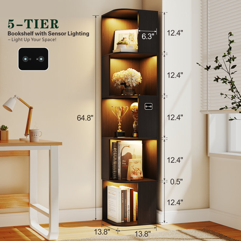 64.8"H, Modern Storage 5-Tier Bookshelf, Black