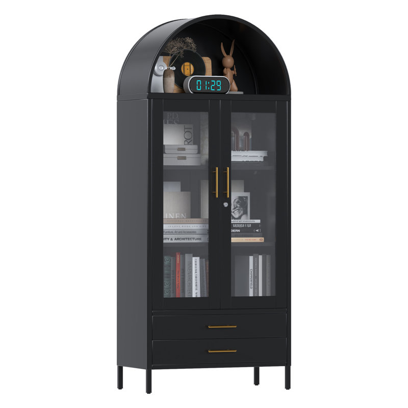 30.7 In. W×72.8 In. H×15.4 In. D  2-shelf And 2-drawer Metal Display Cabinet,Modern Freestanding Arched Cabinet, Antique Cabinets,Porcelain Cabinets,Bookshelves,assembly Required