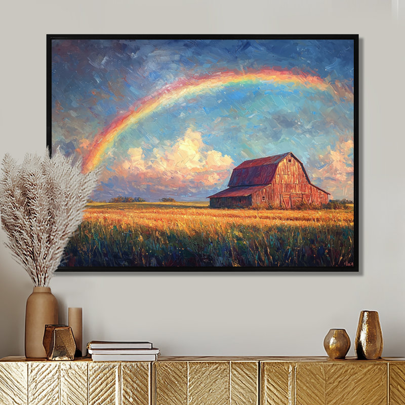 Arc-en-ciel au-dessus de la ferme I - art mural arc-en-ciel, H 30 po x l 40 po, Cadre flottant noir