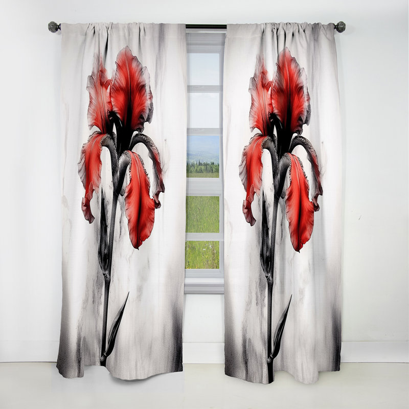 Rouge et noir Iris Petal I - Rideau floral - Rideau floral occultant en velours - 1 panneau, L 52 po x L 95 po