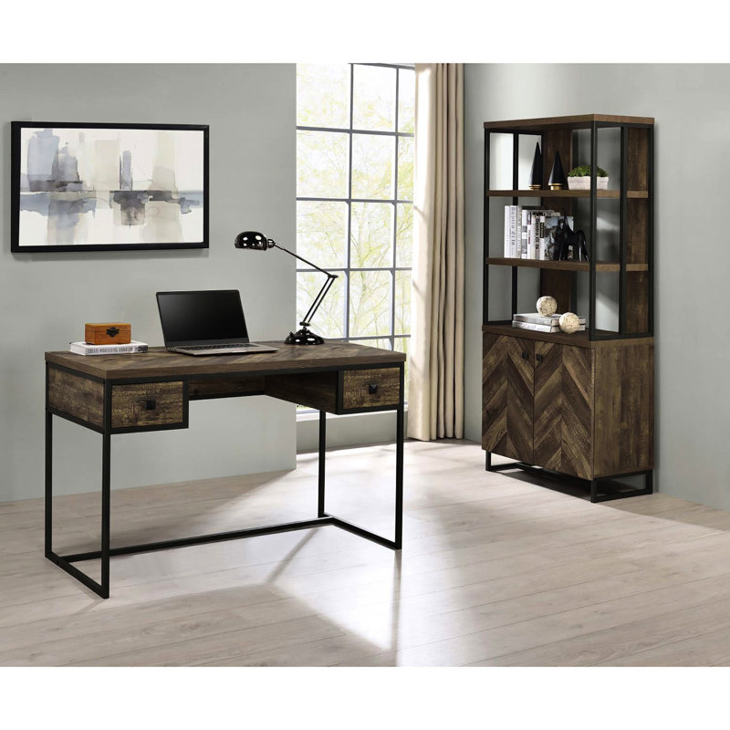 2-door Rustic Oak Bookcase With Herringbone Decoration, 3 Open Shelves And 2 Adjustable Bookcase, For Entryway