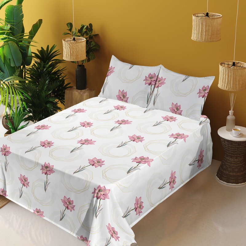 Ambesonne Watercolor Botany Sheet Set 4 Pcs Retro Boho Bloom, California King Sheet Set with 2 Pillowcases