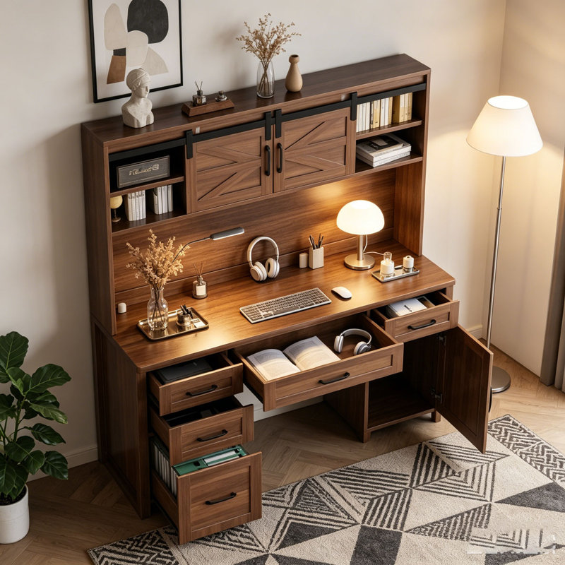 Bureau de direction avec huche et station de charge, bureau d'ordinateur avec 2 portes de grange coulissantes, 5 tiroirs et armoire de rangement avec tablette réglable à 3 positions