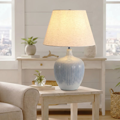 18.6"H Modern Light Blue Ceramic Table Lamp With White Linen Shade,For Living Room Bedroom, Bedside Table(Bulb Not Included)
