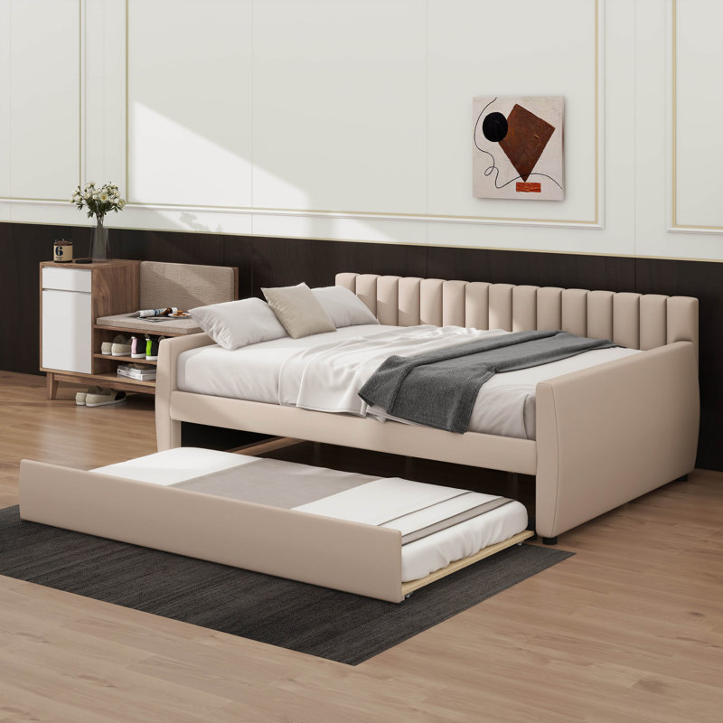 Lit de jour double rembourré en tissu avec couchette coulissante intégrée, Beige
