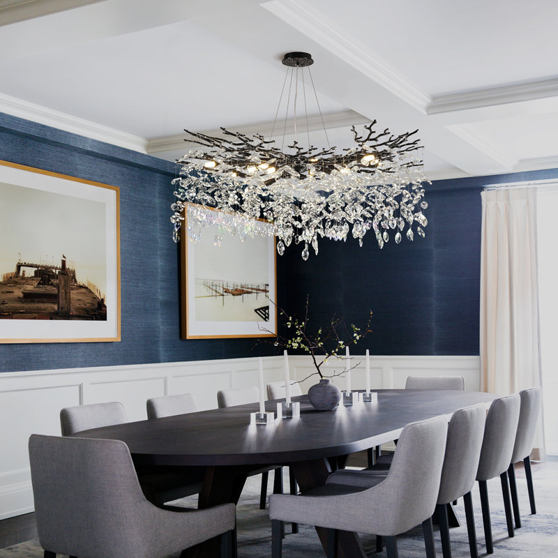 Abe 14-Light 39" Dimmable Tree Branch Crystal Chandelier Round Pendant Lights for Dining Room, Black