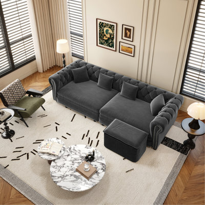 Chesterfield Sofa,89 " W 3-in-1 Pull-Out Sofa Bed, Convertible Sleeper Sofa Bed,King Size Sofa Bed, Chaise Lounge,Velvet 3-Seater Sofa with Movable Ottoman,  Tufted Design, Grey(Old Sku:W1885S00173)