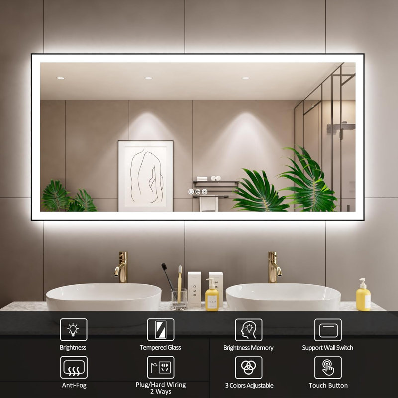 LED Bathroom Mirror With Black Frame, Backlit And Front Lighted Bathroom Mirrors For Wall, 72" x 36"