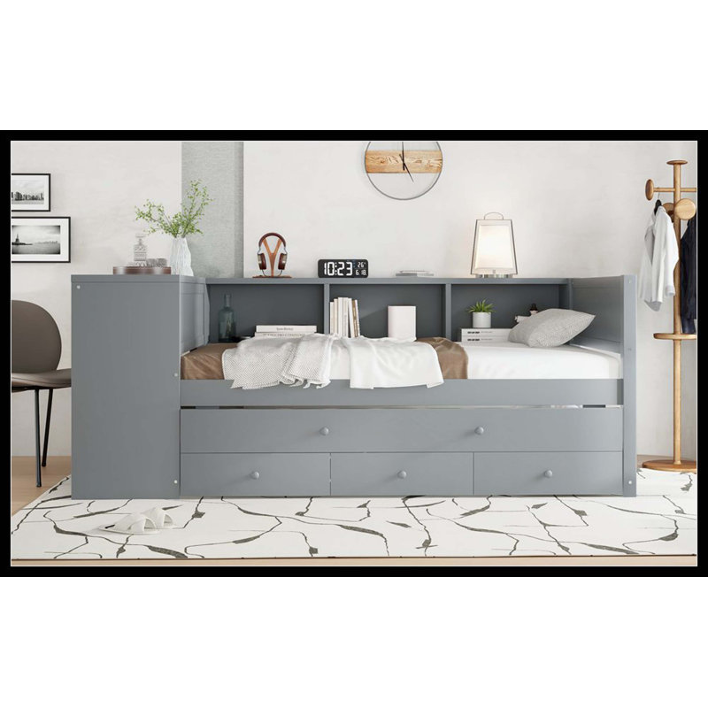 Twin Size Daybed With Trundle, Wood Day Bed Frame With Storage Drawers And Side Shelves, Daybed With Desk, No Spring Box Needed, Gray