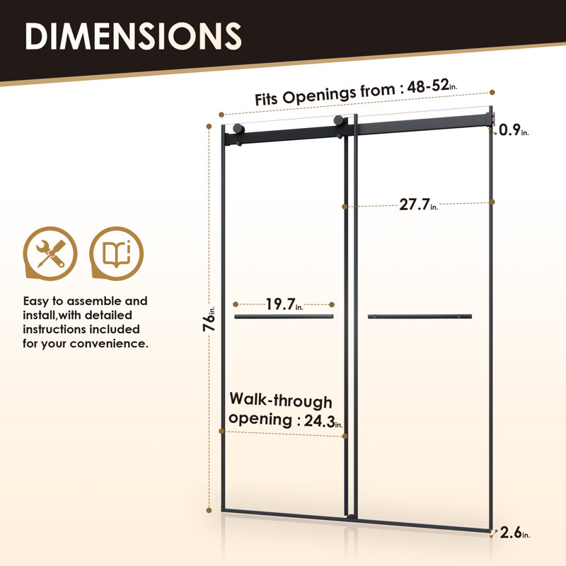 Belizzi 52" Matte Black Frameless Shower Door with Clear Glass