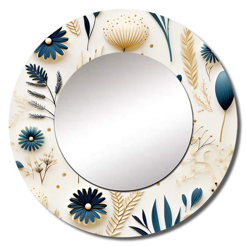 Décoration murale bleue et blanche à motif de fougères minimaliste - miroir rond floral_MTMIR123688, 29 po x 29 po