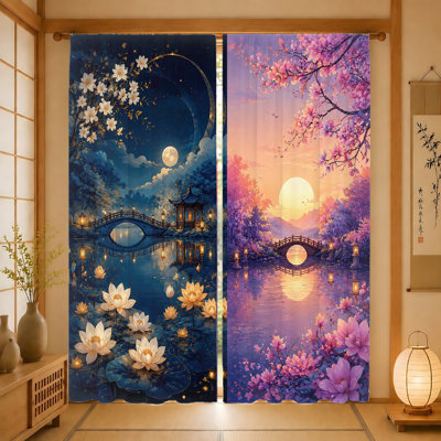 2 rideaux de paysage artistique, tissu filtrant la lumière, pont du lac serein avec des lotus en fleurs et un ciel au clair de lune, scène de coucher de soleil de cerisiers en fleurs vibrante, décoration décorative pour le salon, la chambre à coucher, le balcon, la cuisine