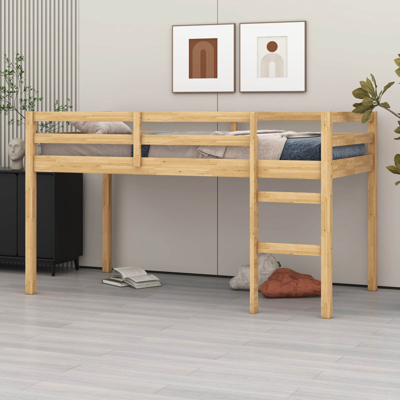 Twin Size Solid Rubber Wood Loft Bed – Ladder & Strengthened Slat Bed Platform, Natural
