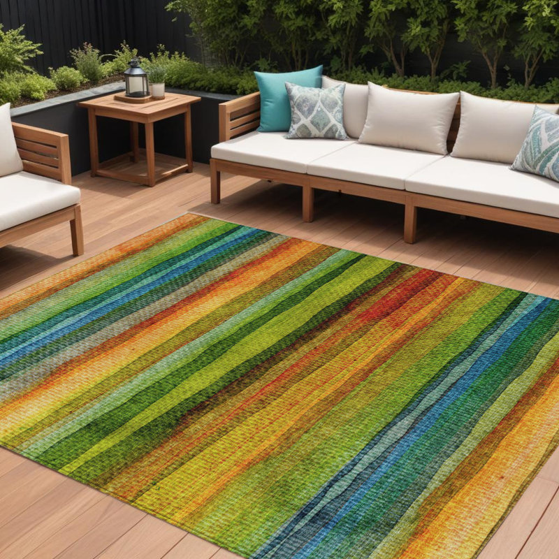 Tapis extérieur lavable à rayures bleu sarcelle et bleu 10 pi x 14 pi vert