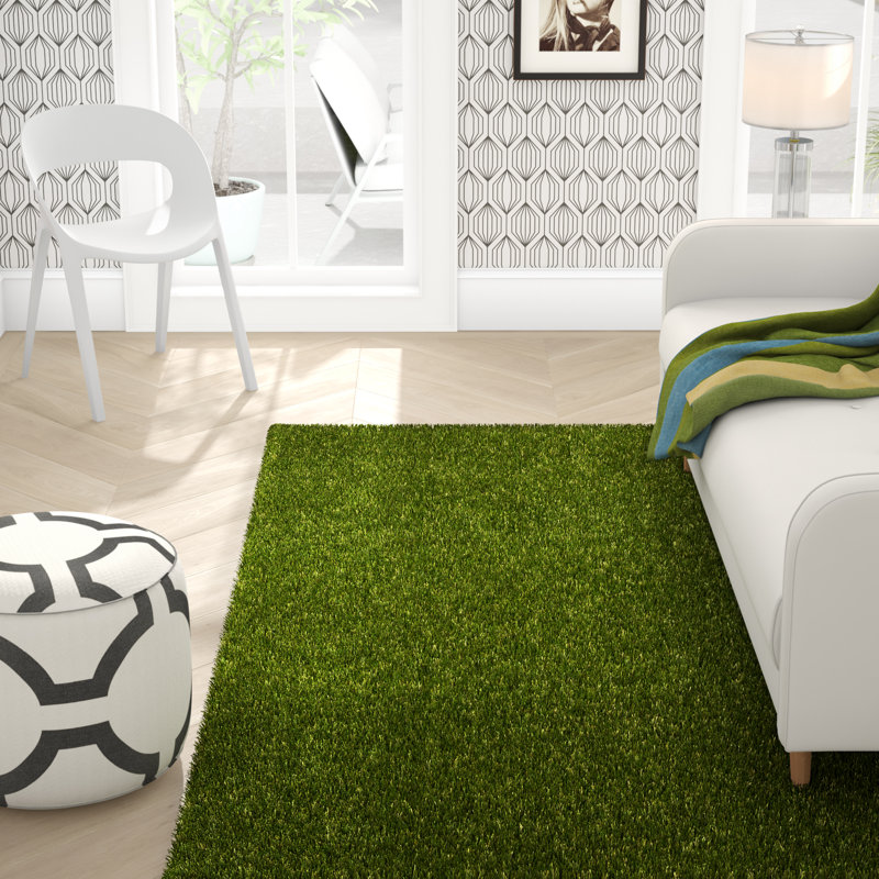 Tapis d'intérieur / extérieur rectangulaire vert uni en polypropylène touffeté à la machine Obadiah, Rectangle 5 pi x 7 pi