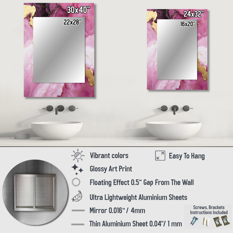 Rose et or marbre Essence IV - miroir unique en marbre, grand miroir mural rose, impression d'art en métal, 32 po x 24 po