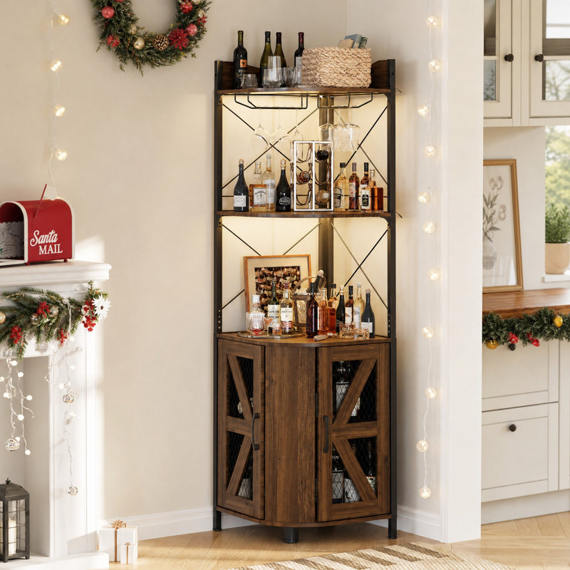 Gilot 63" H Corner Bar Cabinet with LED Lights & Glass Holder, Dark Walnut