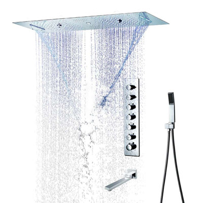 Système de douche à pluie encastrable musical à DEL avec panneau tactile thermostatique à contrôle au plafond Rimini