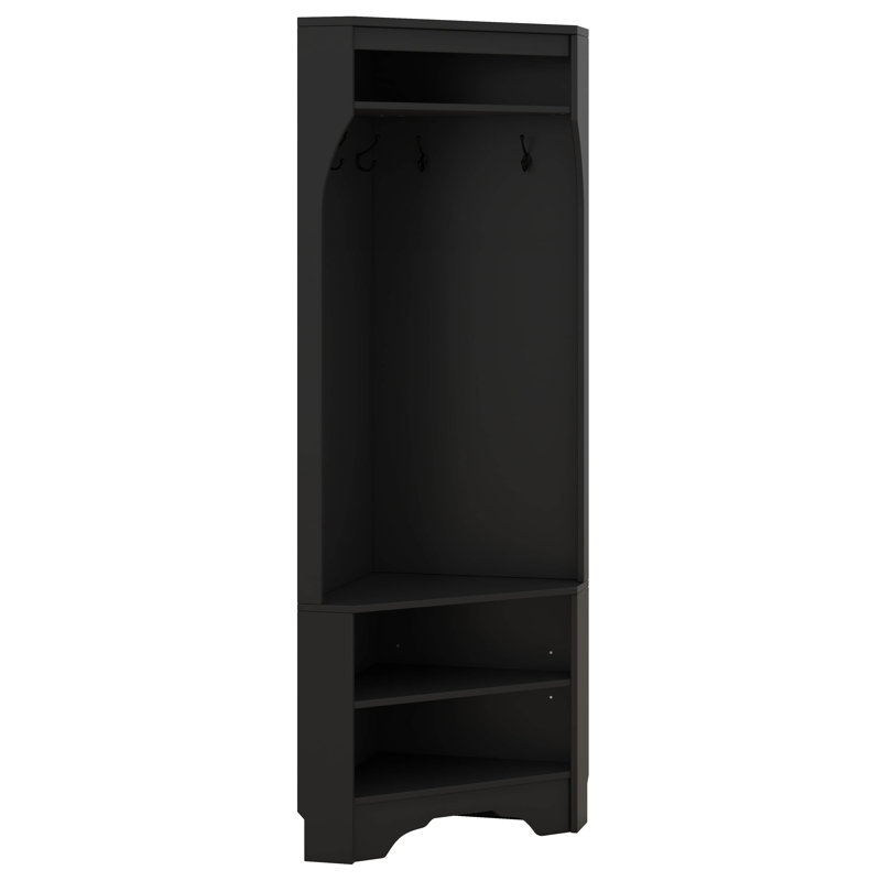 Corner Hall Tree With Shoe Bench, Versatile Coat Rack With 4 Hooks, Corner Cabinet With Adjustable Shelf, Black