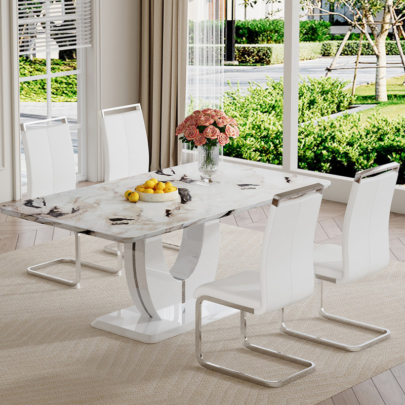Ensemble de table de salle à manger, Blanc / argent, 5 pièces, Dalishis