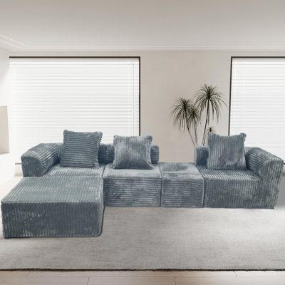 Convertible Modular Sectional , 4 - Seat American Design Compression In Grey, Medium Firm Seat, Us Foam Filler, Standard 100 By Brushed Corduroy Covers, Skin And Smooth