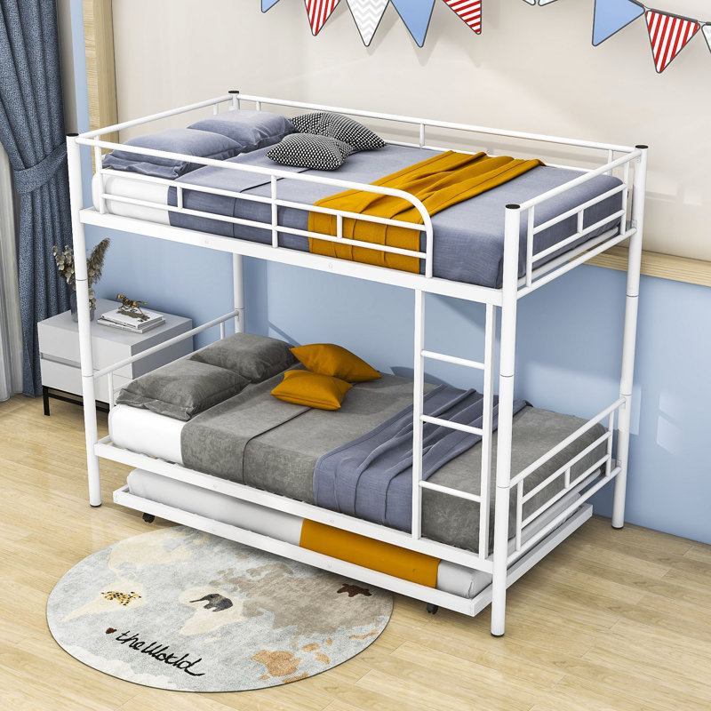 Twin Over Twin Metal Standard Bunk Bed With Twin Size Trundle, White