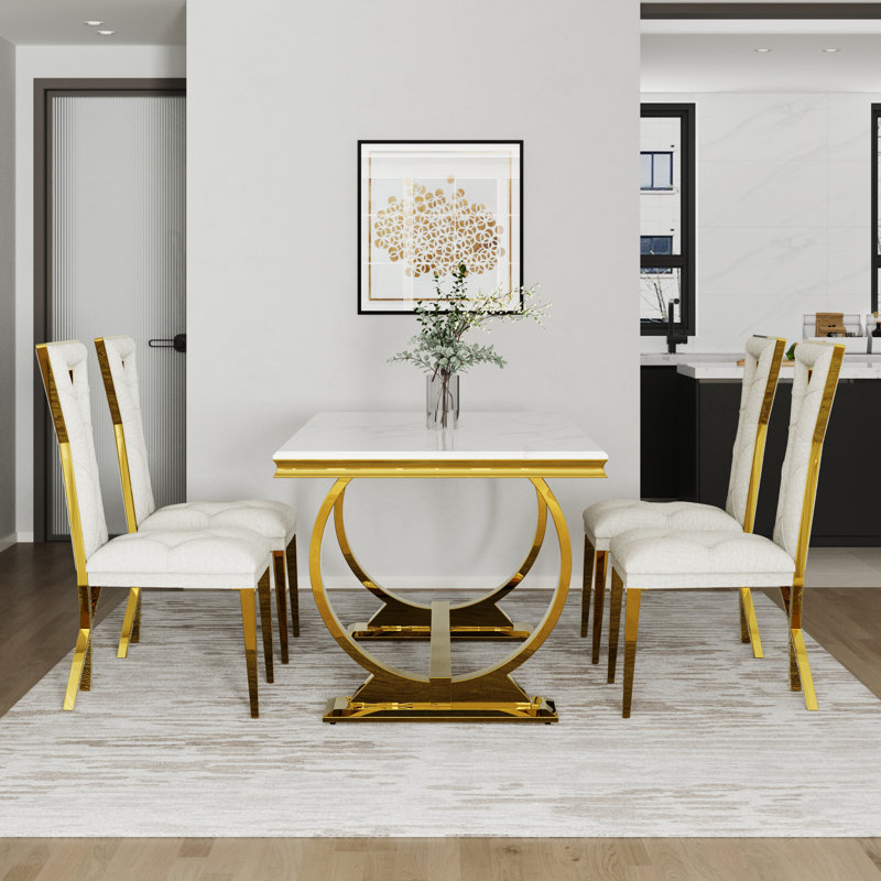 Ensemble de table de salle à manger avec chaises en chenille, 5, Or