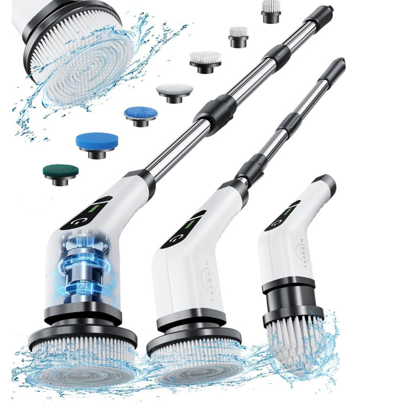 Autolaveuse électrique, brosse de nettoyage sans fil avec 7 têtes de brosse remplaçables, brosse de lavage pour la baignoire et le plancher 360 vitesses à double vitesse avec poignée réglable et détachable pour la cuisine de la salle de bain