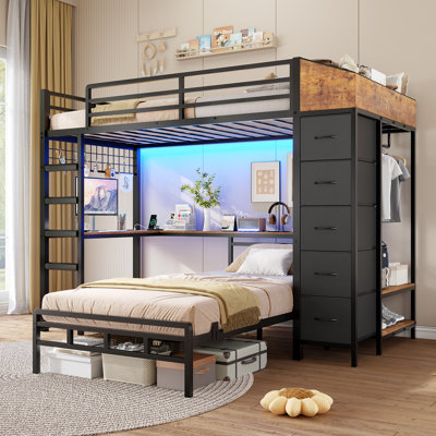 Bunk Bed with L Desk and Storage Hall Tree LED Metal Platform Captain Bed Double Twin Size Bedroom Space Saving Kids Bed
