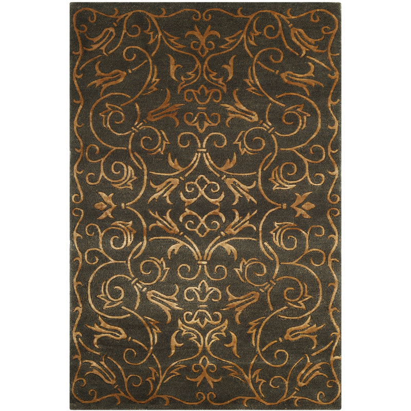 Tapis vert / doré en soie noué à la main Jerrad, Rectangle 6 pi x 9 pi