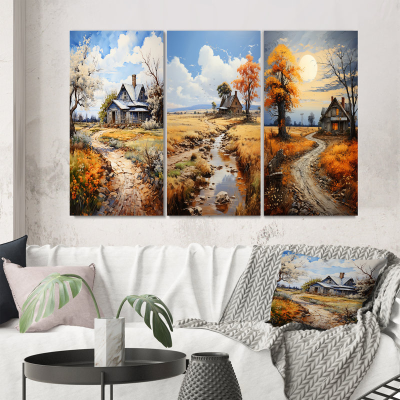 «Farmhouse Country Elegance Pointillism», 3 pièces sur toile, Toile tendue, H 20 po x l 36 po