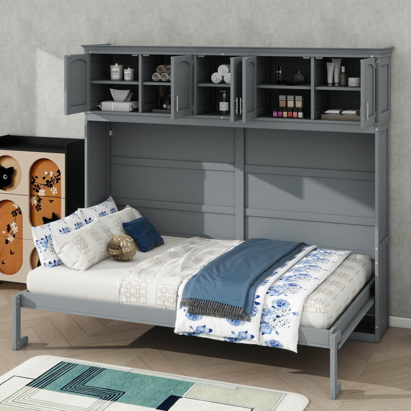 Grand lit escamotable pliable, cadre de lit mural avec armoires supérieures, lit plateforme dissimulé, Gris