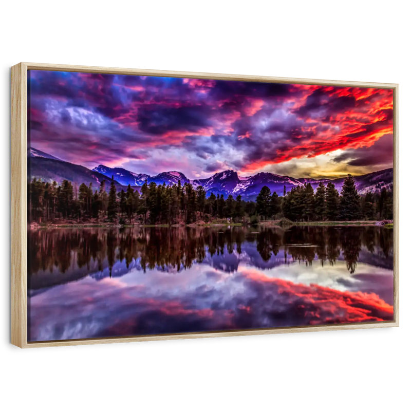 Réflexion des montagnes Rocheuses, 25 po x 17 po, Cadre flottant en bois naturel