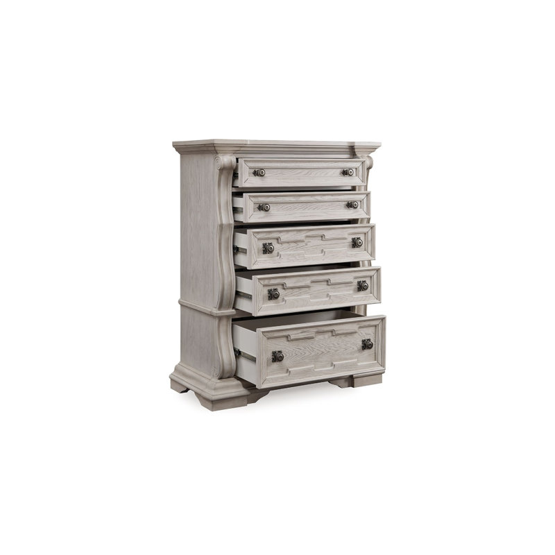 Grande commode Bryl, 5 tiroirs avec boutons en bronze, blanc antique
