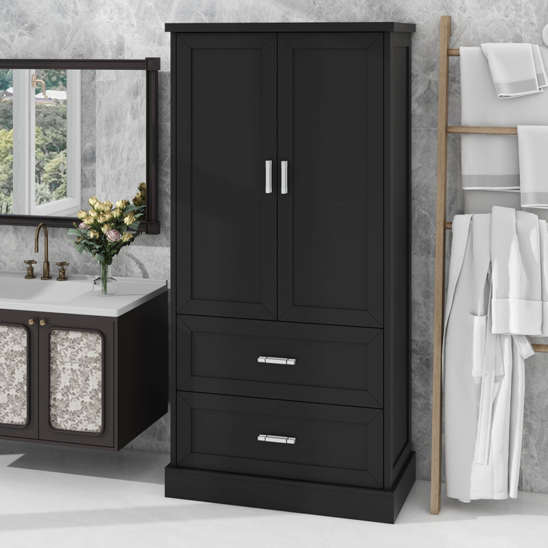 Tall Bathroom Storage Cabinet Space Optimizing Adjustable Shelf Two Doors Drawers, Black