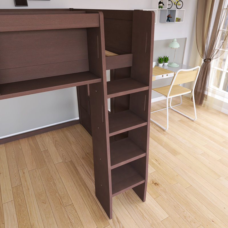 Grand lit mezzanine à structure en bois avec tablettes de rangement, Brown