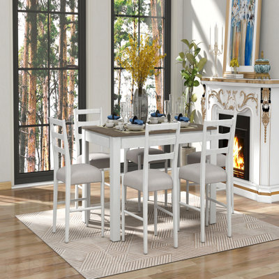 Farmhouse 7-Piece Wooden Dining Table Set- Multifunctional Extendable Table With 12" Leaf And 2 Drawers & 6 Upholstered Chairs (Brown + White)