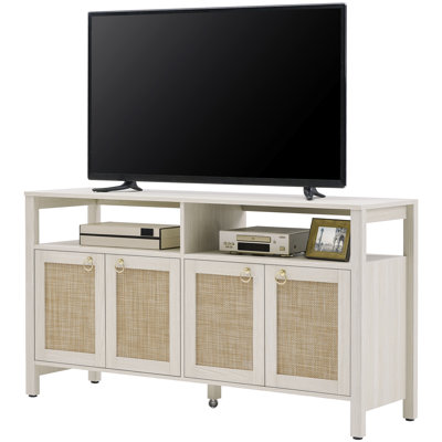 Pomodoro Boho TV Stand With 4 Rattan Storage Cabinets, Farmhouse TV Entertainment Center For Tvs Up To 65''